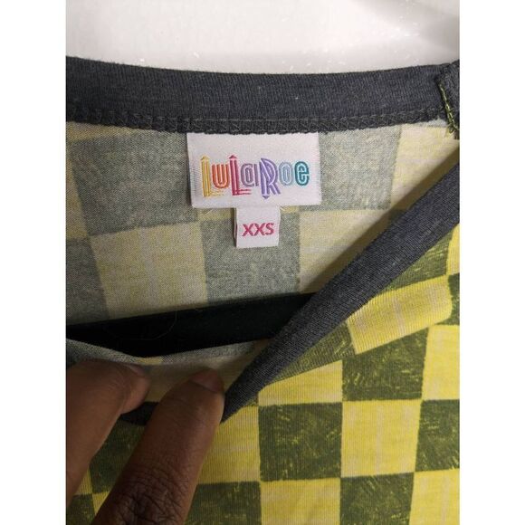 LuLaRoe Tee Randy Raglan tee 3/4 sleeve checkerboard pattern XXS Yellow Dark Gra - Picture 5 of 7